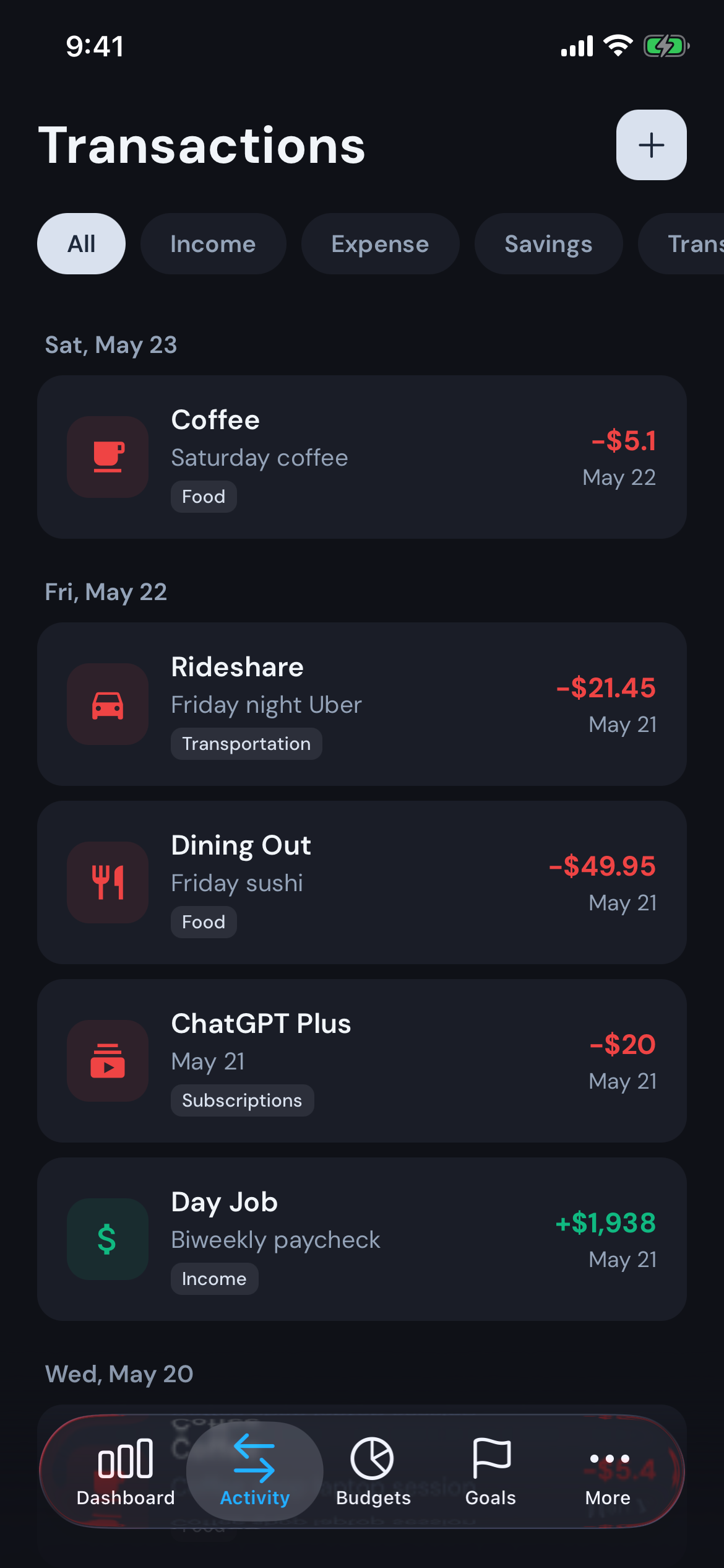 Modest screenshot — transactions