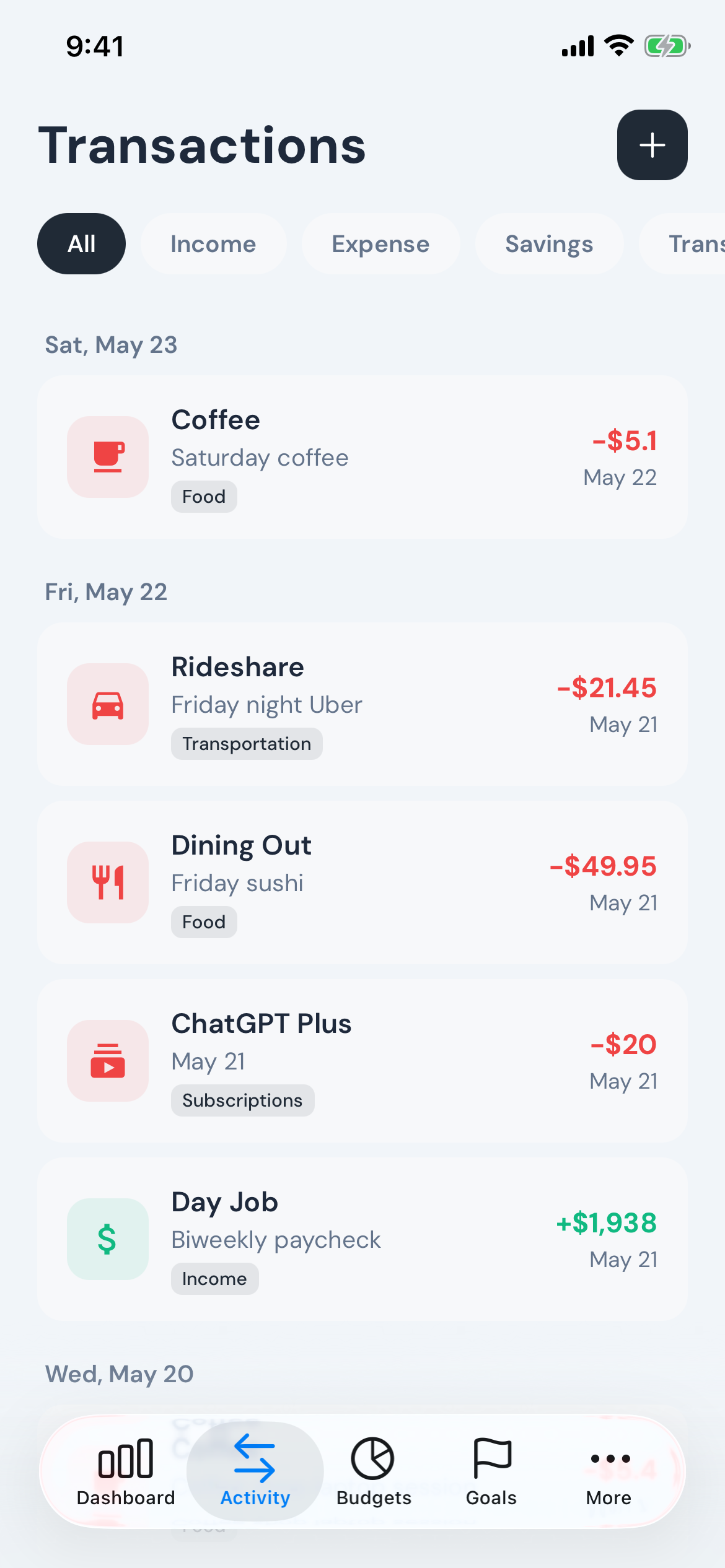 Modest screenshot — transactions